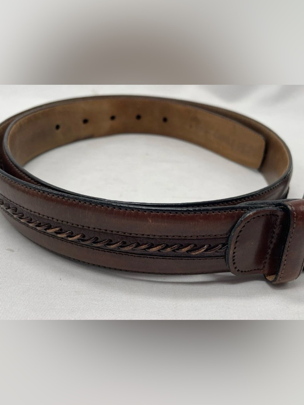 MEZLAN Men Brown Leather Belt Size 34 Stitches Detail Antique M4929 Spain Buckle